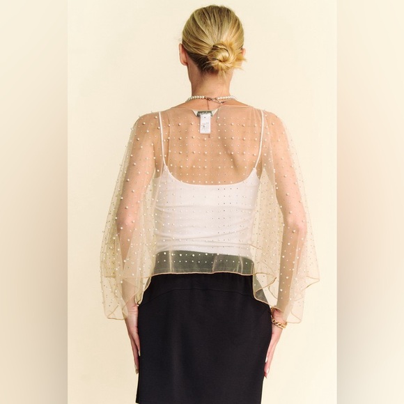 266B. Pearl Rhinestone Embellished Mesh Topper Cape - Nude - Picture 9 of 10